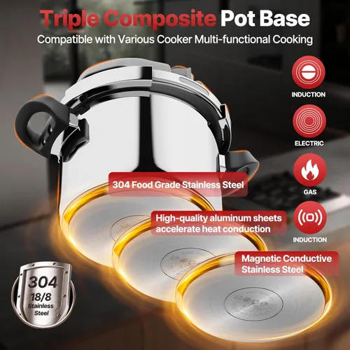 Miniatura 4 de Olla a Presión de Acero Inoxidable, Bloqueo de Una Mano/Bloqueo Rotativo, Compatible con Gas e Inducción, Cocina Rápida para Comidas Grandes, Apta