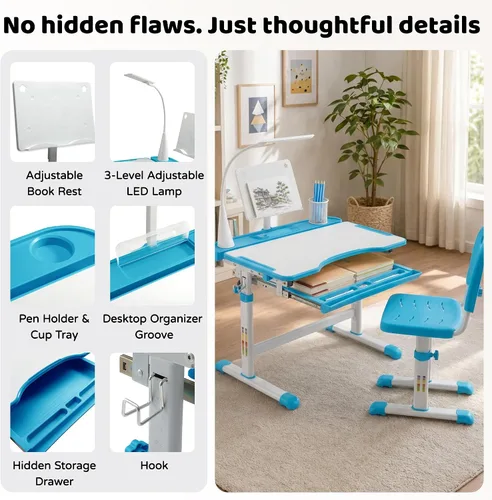 Miniatura 5 de Diroan Juego de Escritorio y Silla Funcional para Niños, Escritorio de Estudio Escolar Ergonómico de Altura Ajustable para Niños con Superficie