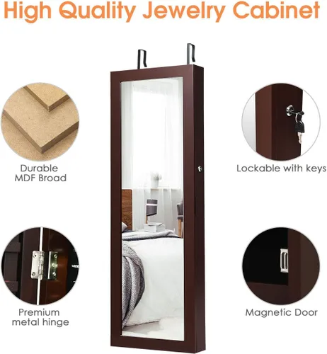 Miniatura 5 de Giantex Organizador de joyas montado en la paredpuerta con 2 luces LED, armario de joyería de altura ajustable con cerradura con espejo de longitud