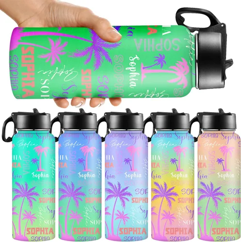 Miniatura 24 de Botellas de agua personalizadas para niñas, de acero inoxidable con aislamiento de doble pared con pajita, botella de agua de color degradado