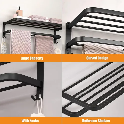 Miniatura 3 de Toalleros Negros de 15 Pulgadas para Baño con Barras Dobles para Toallas, Soporte de Montaje en Pared de Lavabo con Ganchos, Estante de Baño