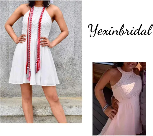 Miniatura 6 de Yexinbridal Halter - Vestidos cortos de dama de honor de gasa con encaje floral