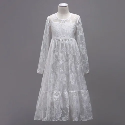 Miniatura 3 de Vestido de primera comunión con encaje blanco para niñas, boda, dama de honor, fiesta, bautizo, princesa, Aline, bohemio, rústico, baile, Blanco
