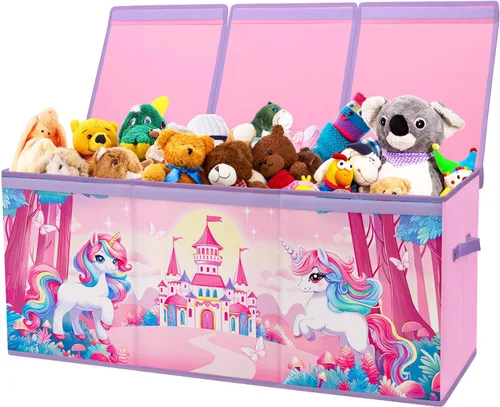 Caja de juguetes grande organizadora con tapa abatible para niños, caja de almacenamiento de juguetes Oxford plegable con asas para niños y niñas,