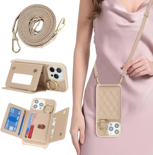 Miniatura 17 de Funda para iPhone 14 Plus con tarjetero y correa para mujer, cordón cruzado, espejo de maquillaje, soporte de anillo, cierre a presión, bonitas Rosa
