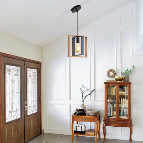 Miniatura 8 de Lámpara colgante estilo granja, luces colgantes negras para isla de cocina, luz colgante de metal industrial y madera vintage, lámpara de techo