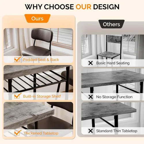 Miniatura 8 de VINGLI Dining Table Set for 2, Small Kitchen Table Set with Upholstered Chairs, 3-Piece Dining Set with Storage Rack, Wood Dining Room Set with