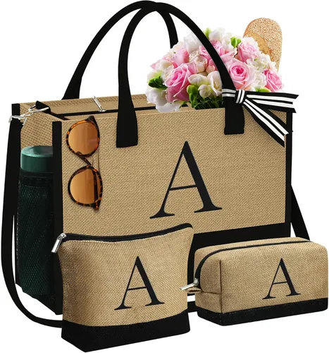 YOOLIFE Regalos para mujeres, bolsa de yute con inicial y 2 bolsas de maquillaje, regalos personalizados para mujeres, profesores, mamá, amiga,