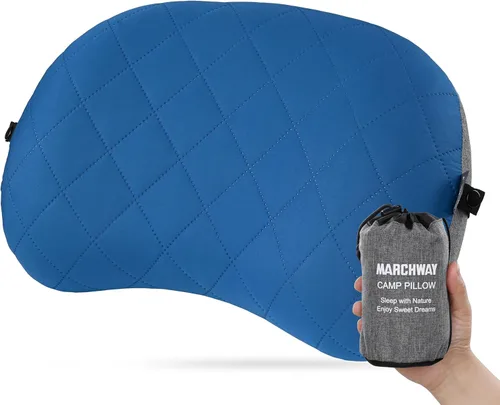MARCHWAY Almohada inflable ultraligera para acampar con funda suave y lavable, compacta, compresible, portátil, para campamento al aire libre, Azul