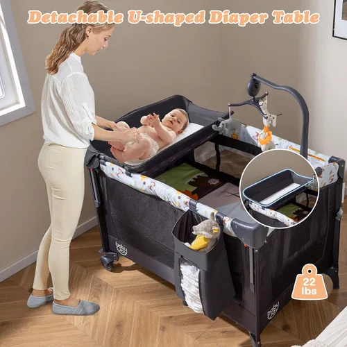 Miniatura 4 de Baby Joy Paquete y juego 4 en 1, cama de noche para bebé con moisés, 3 alturas ajustables, caja de música, fácil de instalar, cuna plegable