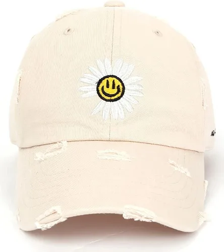 Miniatura 2 de Flipper Gorra de béisbol con diseño de margaritas de algodón lavado sin estructura, diseño de cara sonriente