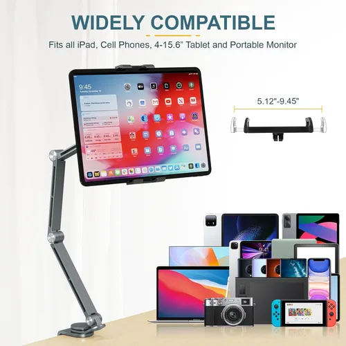 Miniatura 2 de Houele Soporte y Base para Tableta, Brazo Plegable Ajustable para Tableta iPad Soporte de Escritorio con Base Giratoria de 360°, Soporte para Gris