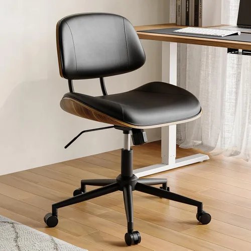Silla de oficina sin brazos con ruedas, silla de escritorio de piel sintética de altura ajustable, silla de computadora ergonómica giratoria de 360°