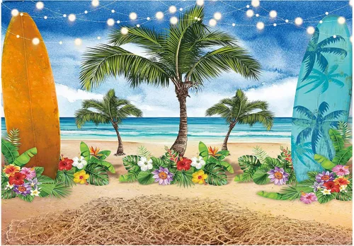 Allenjoy Fondo de fotografía de verano para playa, océano, cielo azul, tabla de surf, palmeras tropicales, Luau para niños y niñas, decoración de