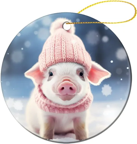 Adorno de animales de granja, cerdo, adornos para árbol de Navidad, animales de granja para niños y niñas, decoración redonda de cerámica de