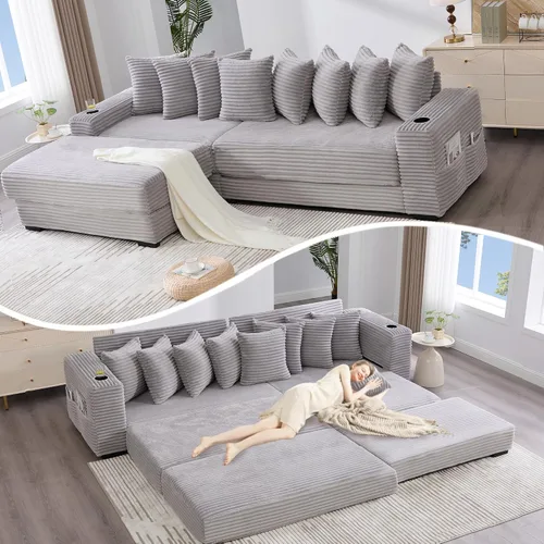 Miniatura 26 de Sofá modular moderno de 111 pulgadas, sofá de pana en forma de L con diván izquierdo, salón extra ancho, 8 almohadas, juego de sofá esquinero