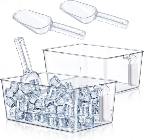 Havawish Juego de 2 Cubos de Hielo y Juego de Cucharones Flexibles de Plástico para Congelador con Asa Retráctil, Cubo de Almacenamiento Gris