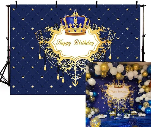 Fondo de fotos de feliz cumpleaños azul y dorado para niño, corona de príncipe pequeño, decoración de fiesta, pancarta para fotografía de 7 x 5 pies