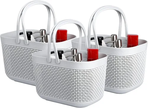 Miniatura 8 de UUJOLY Cestas de almacenamiento de plástico con asas, organizador de cubos de ducha para baño y cocina, color beige