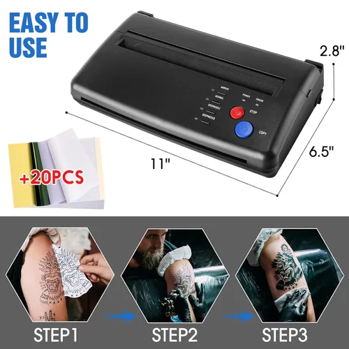 Miniatura 2 de Impresora fotocopiadora de plantillas de transferencia de tatuajes con 20 piezas de papel de transferencia de tatuajes, kit de tatuaje térmico