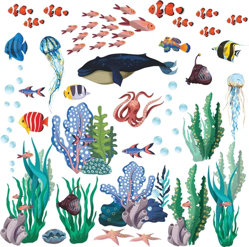 Miniatura 2 de Adhesivo creativo extraíble 3D bajo el mar para pared, diseño de hierba de coral, vida oceánica, despegar y pegar, decoración de pared de peces