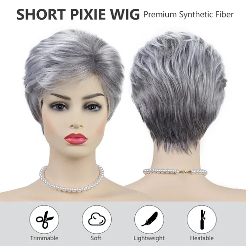 Miniatura 3 de Pelucas cortas gris plateadas para mujeres blancas, pelucas sintéticas con corte pixie natural y a capas con flequillo, peluca corta de pelo gris