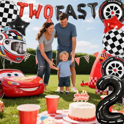 Miniatura 5 de Dos globos de cumpleaños de autos de carreras rápidas, decoración de segundo cumpleaños, decoración de 2 años, suministros para fiestas