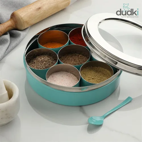 Miniatura 9 de DUDKI Homes - Caja Masala de acero inoxidable, caja de especias, Masala Dabba con organizador de cocina con tapa transparente con 7 recipientes