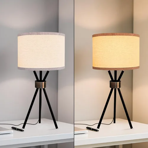 Miniatura 6 de Lámpara de mesa con trípode, cuerpo de metal con pantalla de tambor de lino, lámpara de mesa alta para dormitorio con enchufe E26, ideal para sala
