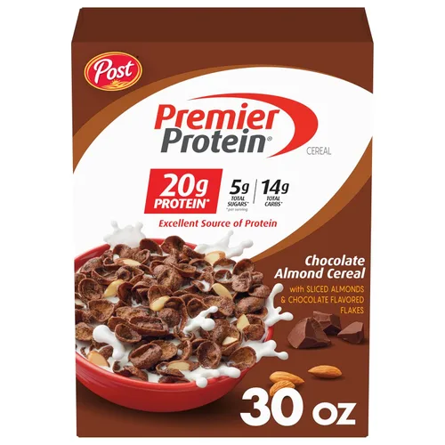 Post Premier Protein Cereal de almendras de chocolate, cereal de desayuno rico en proteínas o aperitivo hecho con almendras reales, 30 onzas – 1