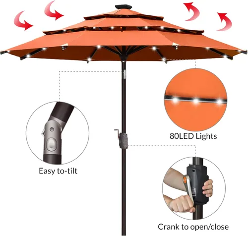Miniatura 6 de EliteShade USA - Sombrilla solar de 9 pies, de 3 niveles, con 80 luces LED para patio, mesa al aire libre, con ventilación, no se decolora durante