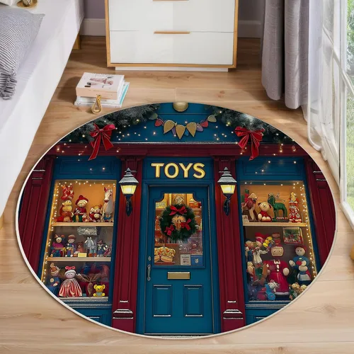 Christmas Round Rug 6Ft Christmas Toy Window Display Washable Round Area Rug for Living Room Retro Theme Non Slip Soft Faux Wool Carpet Navy Blue