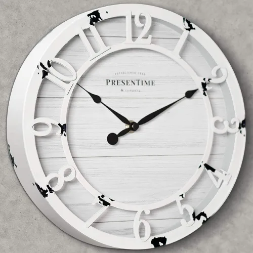 Miniatura 3 de Presentime & Co - Reloj de pared de la serie Farmhouse de 10 pulgadas, estilo Shiplap, número arábigo 3D elevado, blanco envejecido antiguo Blanco