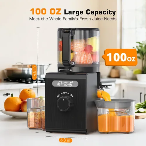 Miniatura 3 de Máquinas extractoras de jugo de prensa en frío con canal de alimentación grande de 6.5", extractor de jugos para verduras y frutas enteras, alto