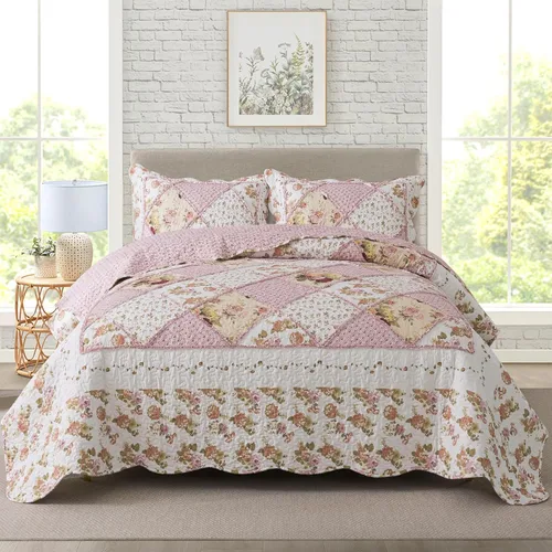 Miniatura 13 de Travan Juego de Edredón de 3 Piezas Tamaño King Colcha Acolchada Ligera Juego de Cubrecama Reversible con Estampado Floral Juego de Ropa de Cama