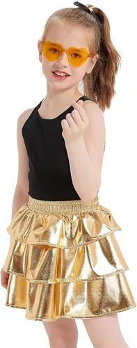 Miniatura 4 de techcity Falda metálica brillante de 3 capas con volantes para niñas, ropa de disfraz de fiesta de baile para niñas de 4 a 13 años con gafas
