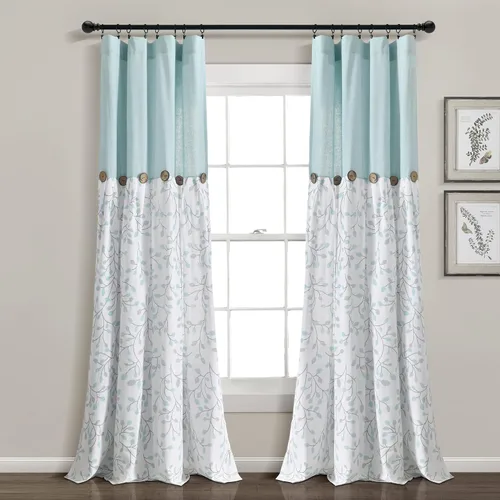 Lush Decor Panel Individual de Cortina de Ventana de Jardín Botánico con Botones de Lino 40" An x 84" L Azul y Gris - Cortinas de Estilo Granja para