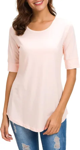 Miniatura 3 de Camisetas de algodón para mujer, estilo casual, cuello redondo, longitud al codo