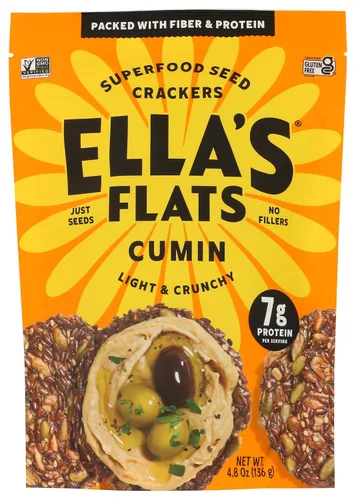 ELLA'S FLATS® Comino todas las semillas saladas patatas fritas – Todo natural, sin gluten, buena fuente de proteínas, alto en fibra, vegano y apto
