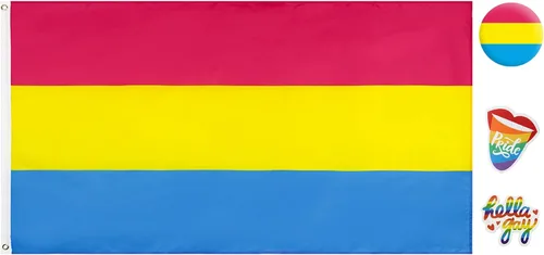 Miniatura 9 de Bandera trans para pared y exteriores de 3 x 5 pies con 1 pin de bandera transgénero y 2 calcomanías de arco iris al azar, cosas del orgullo gay
