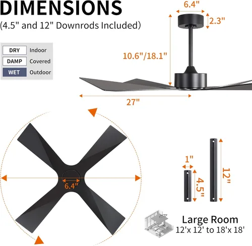 Miniatura 4 de WINGBO Ventilador de techo para exteriores de 54 pulgadas sin luces, 4 cuchillas de plástico ABS, motor CC reversible, control remoto de 6 Negro