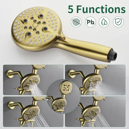 Miniatura 4 de Juego de grifo de ducha de 3 manijas, sistema de ducha con boquilla de bañera, juego de grifo de bañera, juego combinado de cabezal de ducha, Oro