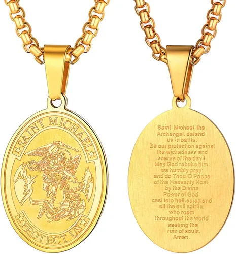 U7 St. Michael Necklaces, Men Women Stainless Steel 18K Gold Plated Biblical Archangel Jewelry Patron Saint Michael Necklaces RoundOvalShield Medal