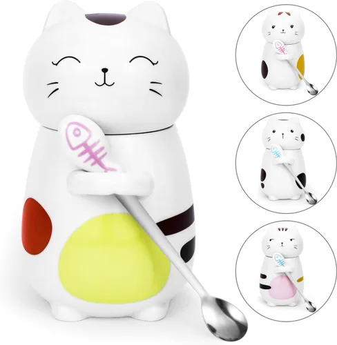 Miniatura 11 de Disoza Taza de Gato con Tapa Regalo de Gato Taza de Té de Cerámica con Cuchara Taza de Té de Café 400 ML Taza de Navidad Regalo de Cumpleaños