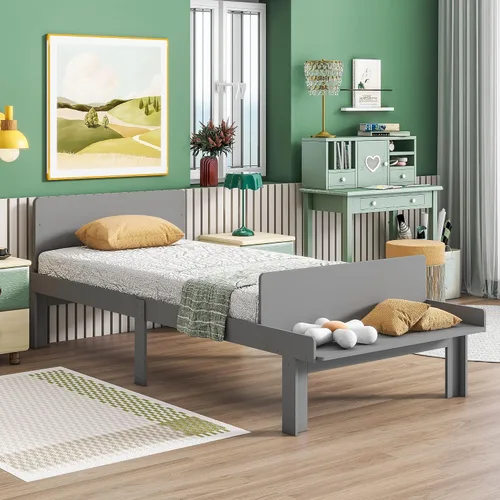 Miniatura 7 de Dolonm Marco de cama individual para niños con banco de estribo, gris, madera de pino, estilo moderno, no necesita somier
