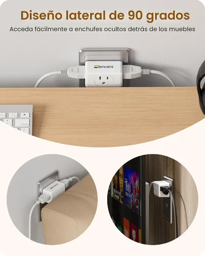 Miniatura 4 de LENCENT Adaptador de salida de 2 clavijas a 3 clavijas, extensor de enchufe de pared, enchufe de pared múltiple con 3 salidas de CA, expansor
