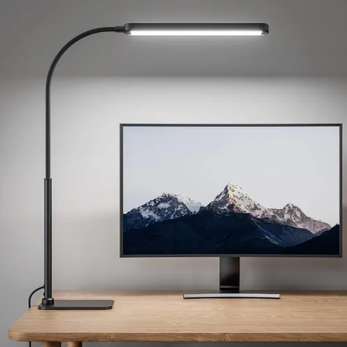 SUPERDANNY - Lámpara de escritorio LED para el cuidado de los ojos con base de cuello de cisne flexible de 360°, lámpara de trabajo con control