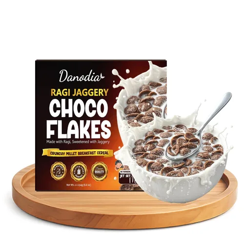 Danodia Foods Ragi Jaggery Choco Flakes 250g/8.8 oz, Cereal de desayuno de mijo dedo con sabor a chocolate Jaggery inspirado en la India, cereal