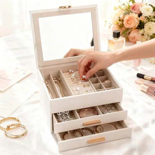 Miniatura 15 de Elegant Gift Jewelry Box with Mirror - 3-Layer Organizer for Earrings, Rings, Necklaces, Ready to Give for Birthday Anniversary Christmas Apricot