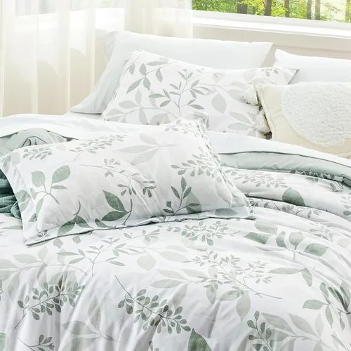 Miniatura 3 de Bedsure - Juego de edredón tamaño King, juego de ropa de cama floral lindo, 3 piezas, 1 edredón reversible suave verde salvia con flores botánicas